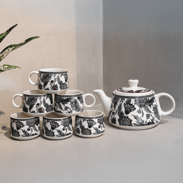 Alive Morning Set Transfer– Black & White Floral Ceramic Tea Set