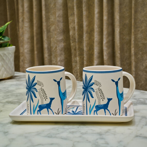 Mug with tray - Deer pattern - set of 3