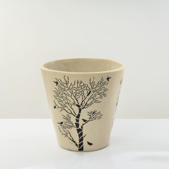 Beige Handmade Ceramic Cone Pot (19.5 cm)  Tree Print