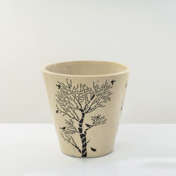 Beige Handmade Ceramic Cone Pot (19.5 cm)  Tree Print