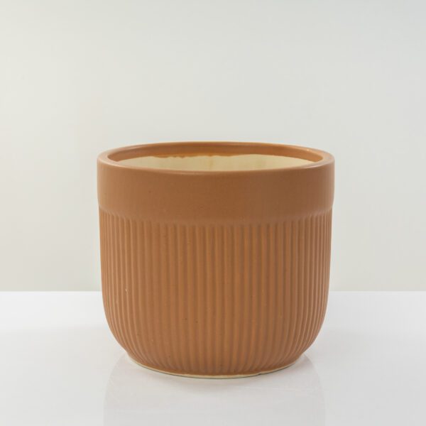 Cylindrical Fluted Brown Large Ceramic Planter - Image 2