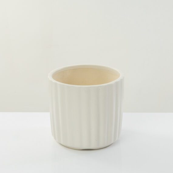 Ivory Stripped Ceramic Planter- Modern Matte Finish Outdoor/Indoor  16 cm Plant Pot