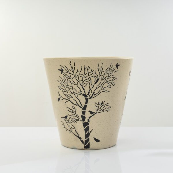 Beige Handmade Ceramic Cone Pot (26cm)  with Tree Print