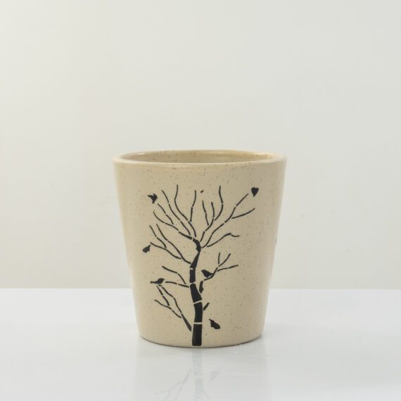 Beige Handmade Ceramic Cone Pot (15 cm)   Tree Print
