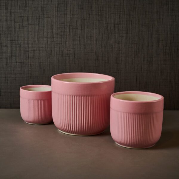 Modern Matte Pink Ribbed Ceramic Planter - set of 3