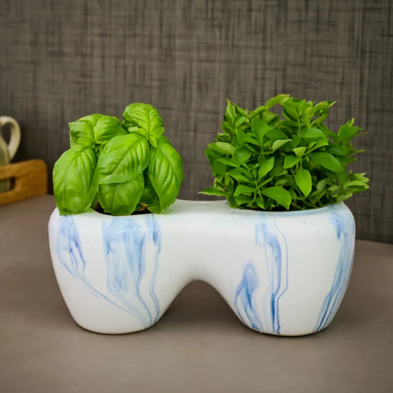 Dual white blue glossy Small Planter/ kitchen decor planter/ indoor garden planter