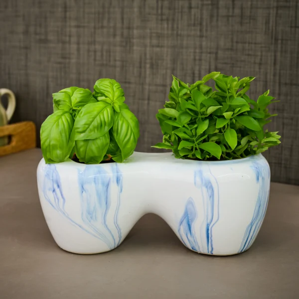 Dual white blue glossy Small Planter/ kitchen decor planter/ indoor garden planter
