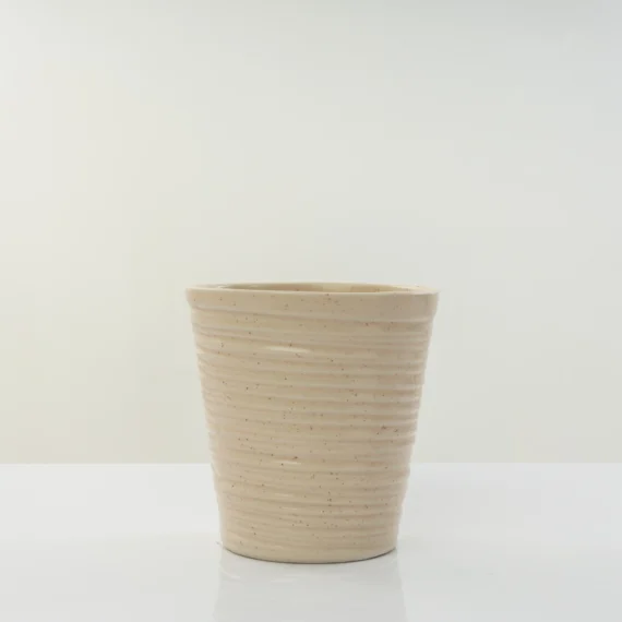 Hocc Beige Ceramic planter with horizontal Grooves/Indoor&Outdoor planter/ 15 cm/Table pot planter/small planter