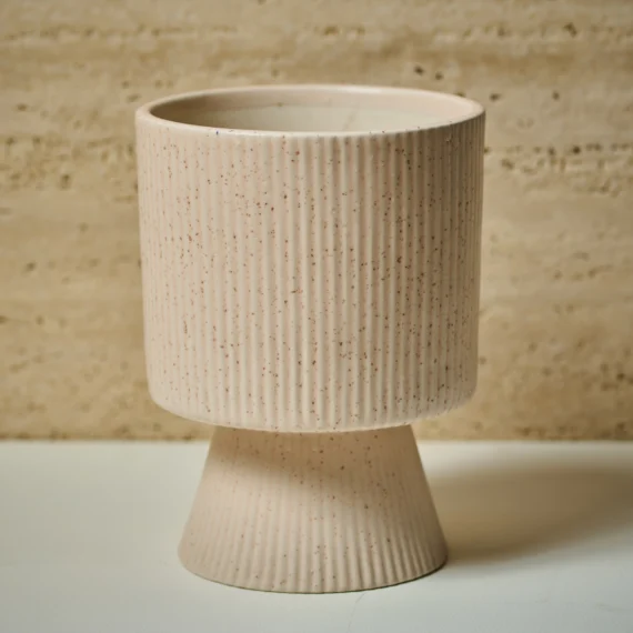 Flared Base Matte beige ribbed ceramic planter