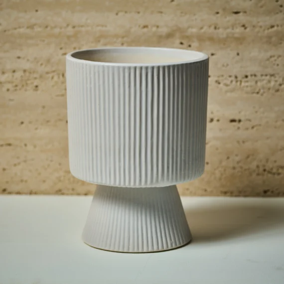 Matte Ivory vertical lining Ceramic planter with Flared Base/ Decorative outdoor ceramic planter