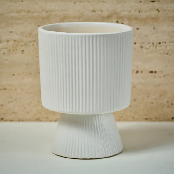 Matte white Ribbed Ceramic planter with flared base/ outdoor & indoor home décor planter