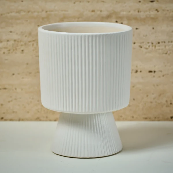 Matte white Ribbed Ceramic planter with flared base/ outdoor & indoor home décor planter