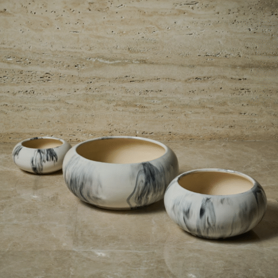 Semi Sphere Ceramic Planter Pot in Marble Look - Set of 3/ Table Top Planter/ Outdoor Pot/ Home Decor (White & Black)