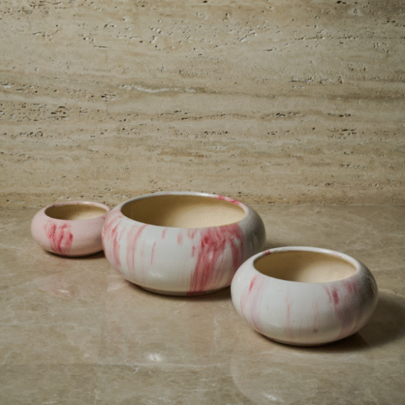 White and Pink Marble Textured Ceramic Pots / set of 3 / Table Top Planter/ Outdoor Pot/ Home Decor Planter