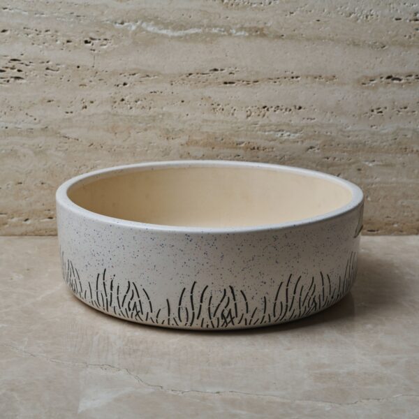 Medium Ceramic Bowl Pot for Indoor Plants – Speckled Off-White with Engraved Grass Design