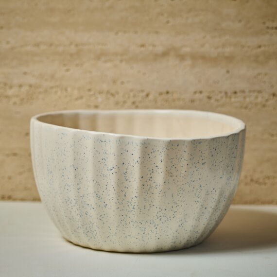 Coastal Speckle Ceramic Planter – Ribbed Bowl Shaped Indoor Pot with Blue Flecks